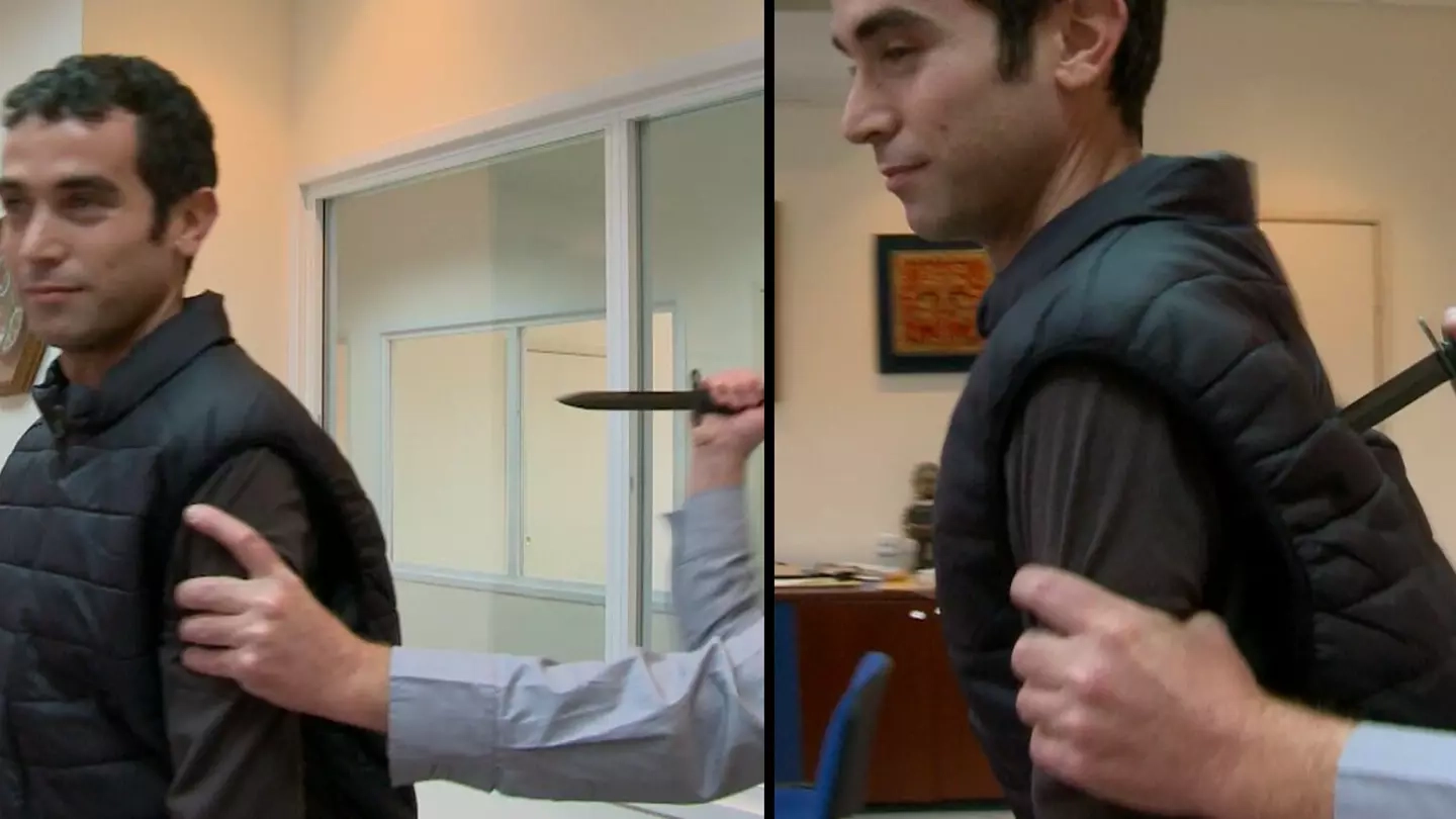 Awkward moment reporter is stabbed in the back while testing out 'knife-proof' vest