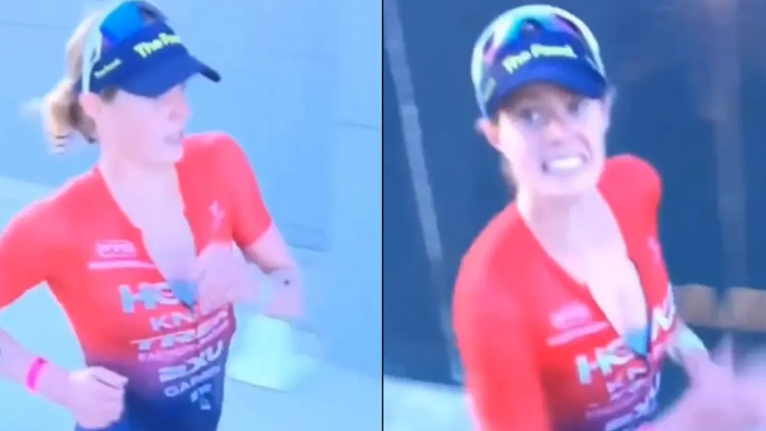 Triathlete pleads with cameraman not to film her from behind after 's**tting' herself moments before finish