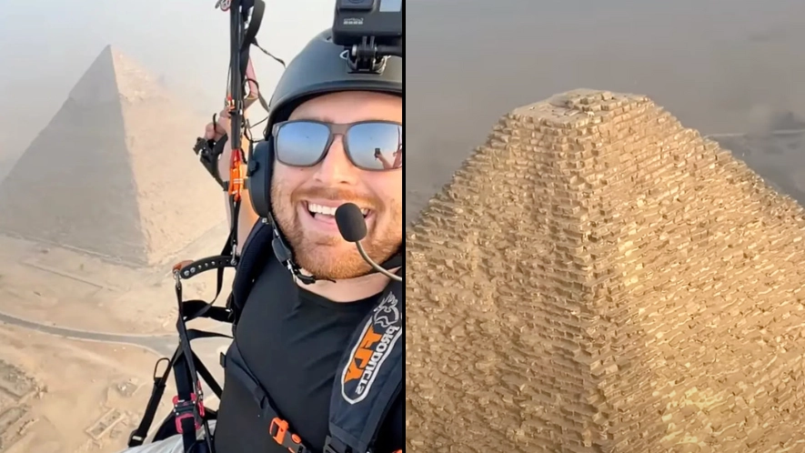 Man can't believe what he found at top of Great Pyramid of Giza while paragliding 