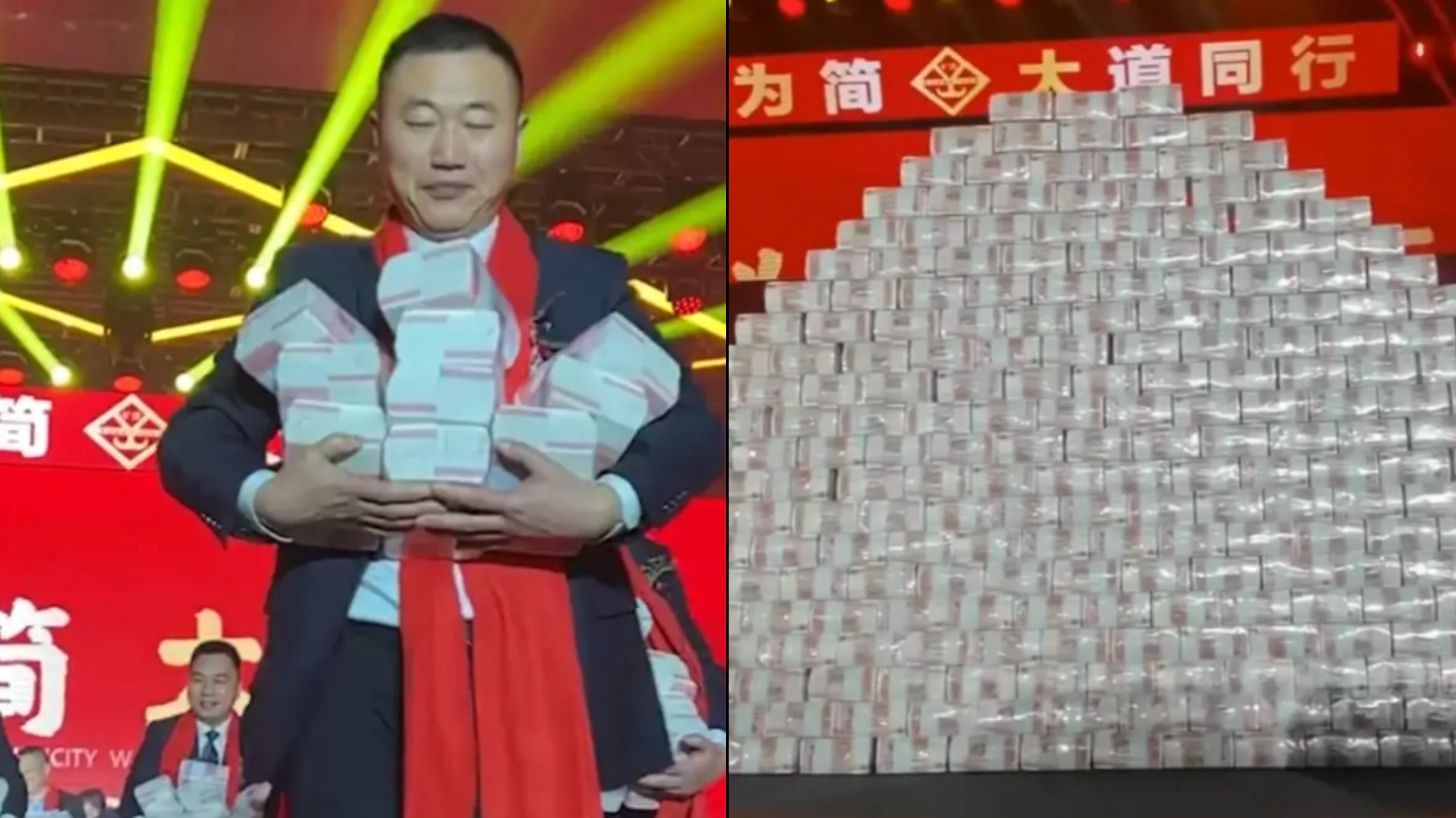 Business owner gives staff over £7 million in bonuses and makes them grab it from mountain of cash