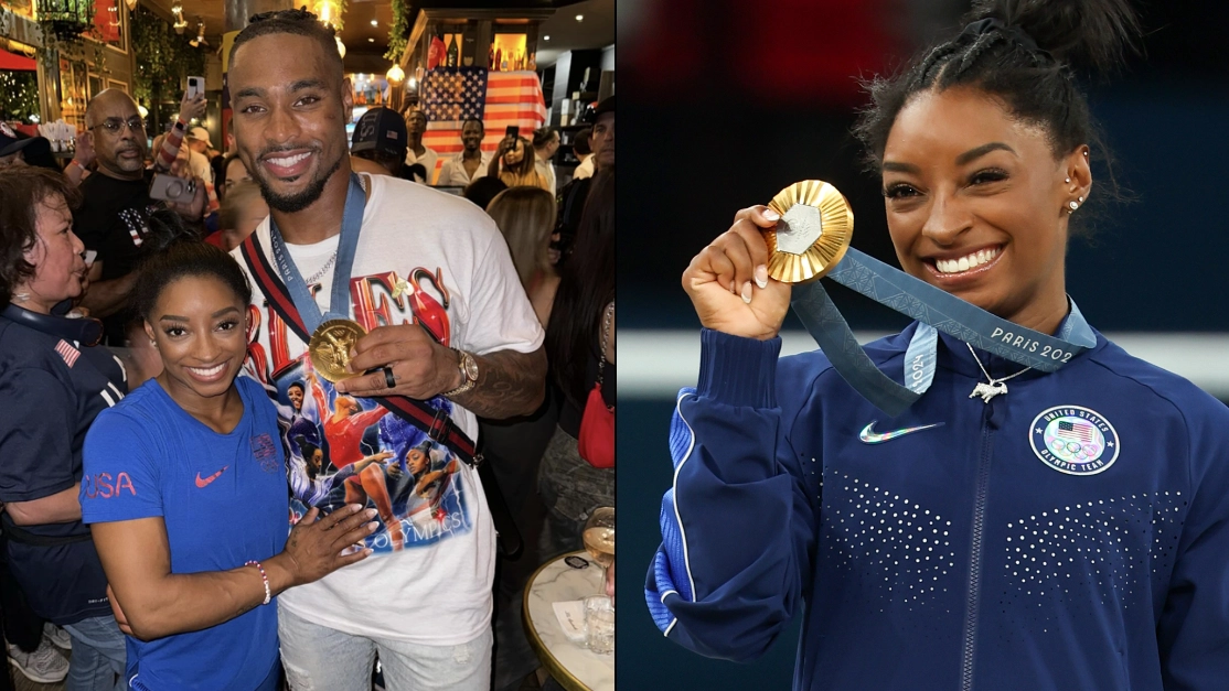 Simone Biles hits back at husband’s critics after he was slammed for wearing her Olympic gold medal