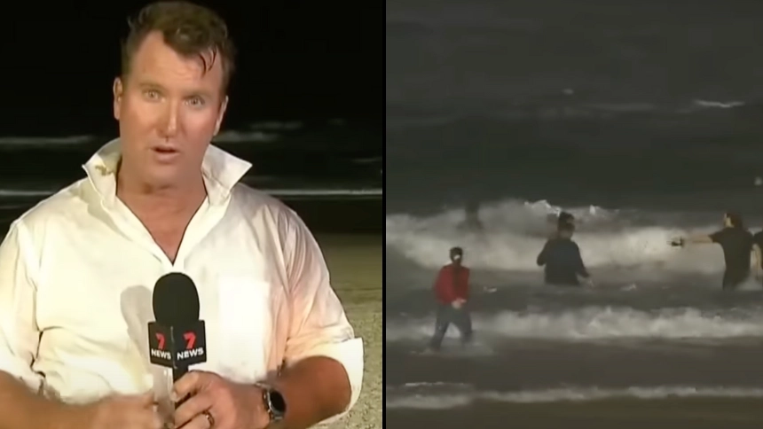Incredible moment reporter saves young boy from drowning during TV broadcast