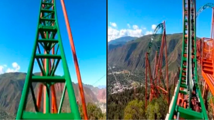 Rollercoaster rides over top of mountain with 110ft drop in terrifying footage