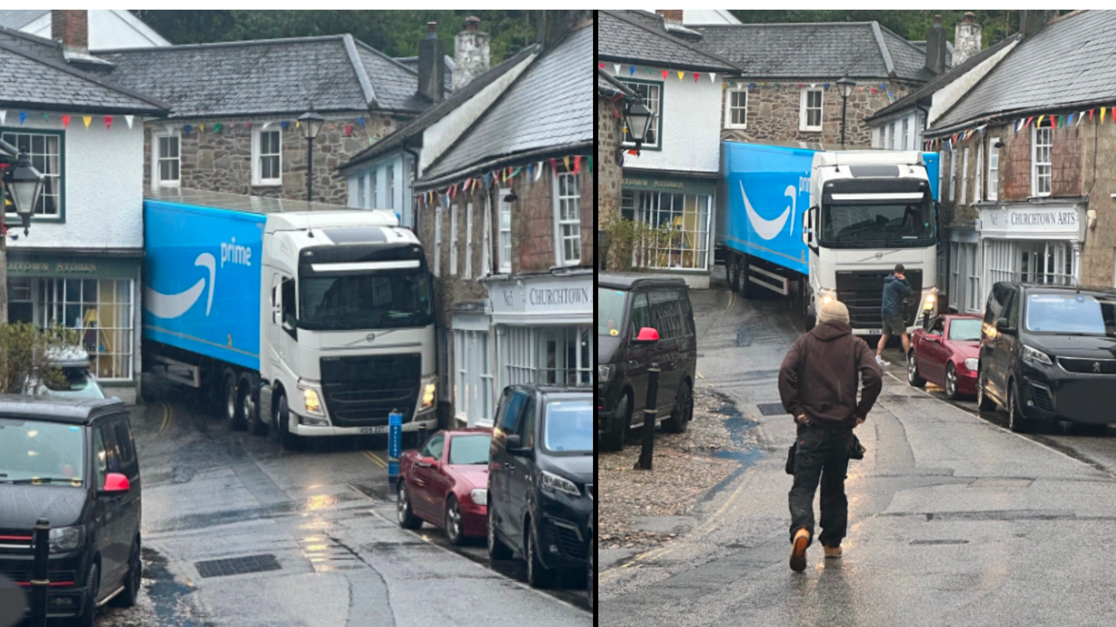 Amazon driver gets stuck when his sat nav takes him down narrow village road
