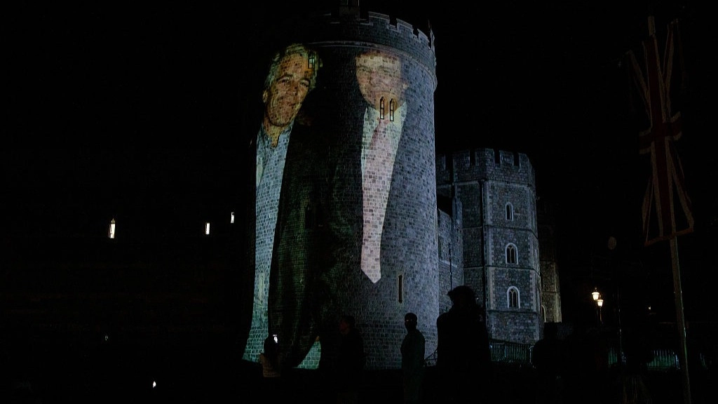 Four arrested after giant images of Epstein, Trump and Prince Andrew projected onto Windsor Castle as president lands in UK