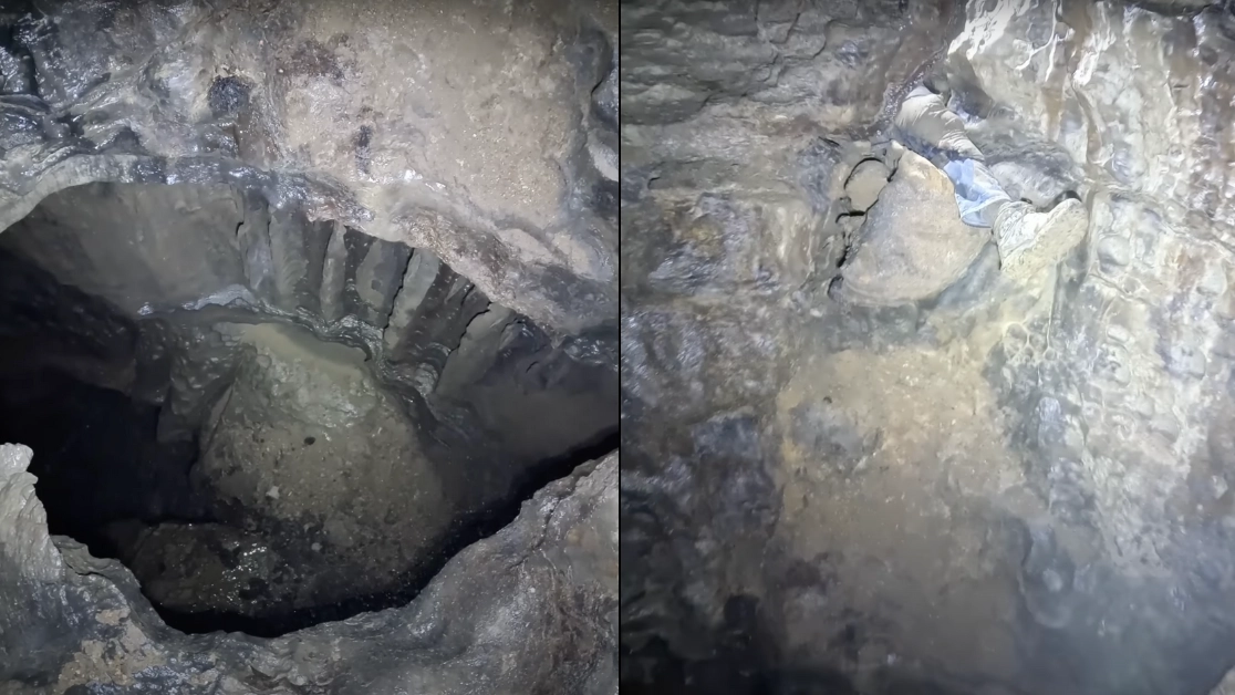 Cave explorers have to rely on insane leap of faith to cover massive chasm below