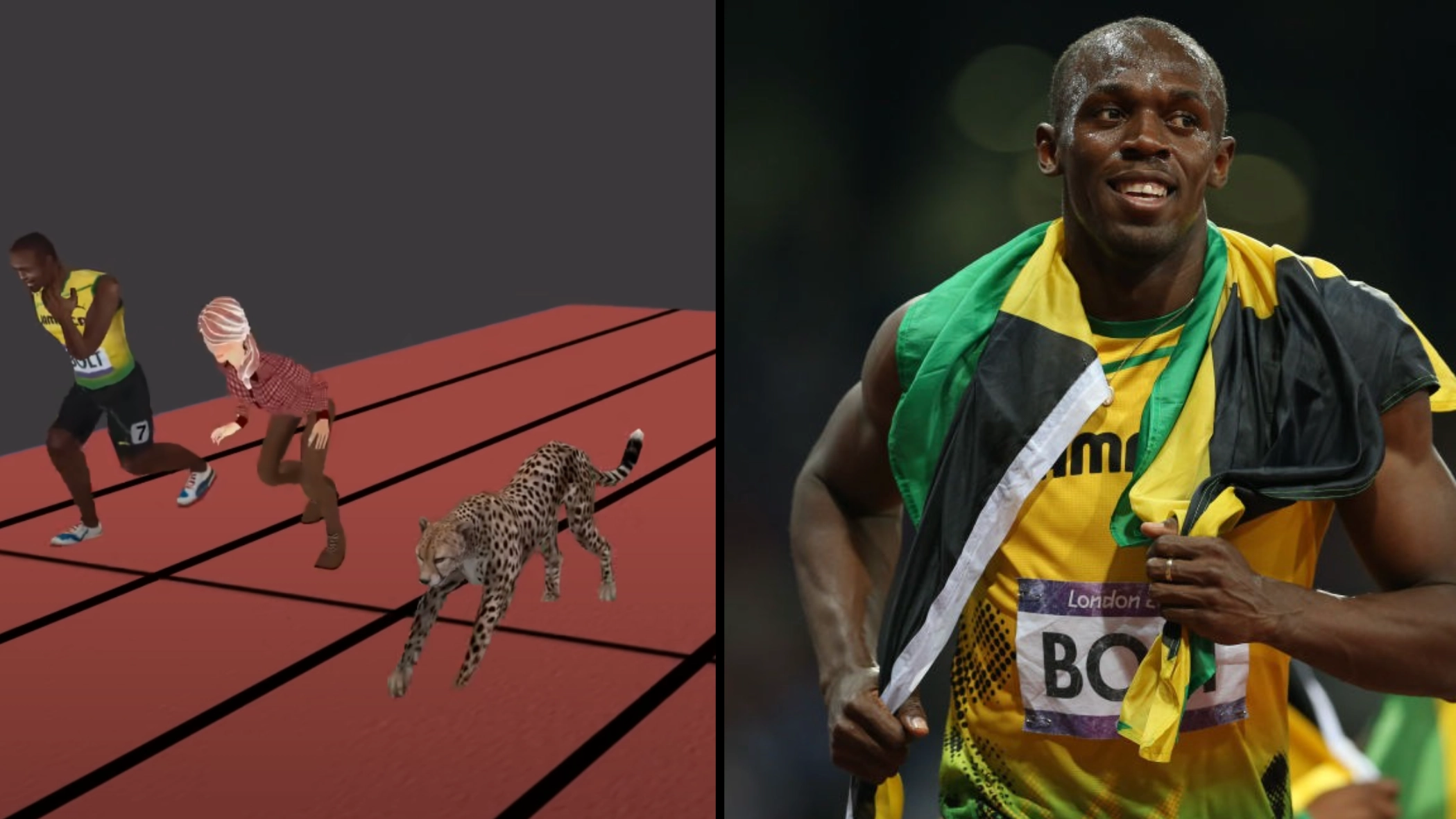 Fascinating simulation shows speed comparison between Usain Bolt, a cheetah and an average person