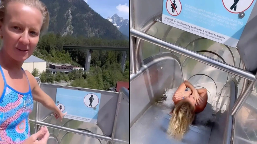 World champion diver ignores 'no women' sign on extreme water slide and goes down it anyway
