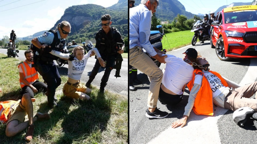 Tour De France Race Comes To A Halt As Officials Drag Climate Change Protestors Off The Road