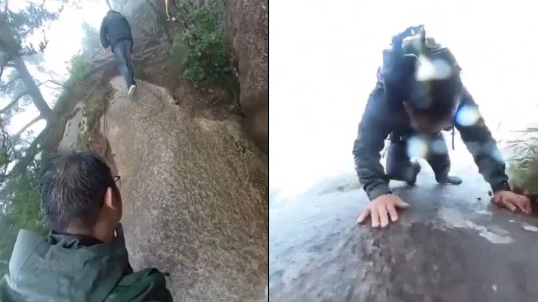Hiker captures footage of terrifying moment he falls down side of a mountain