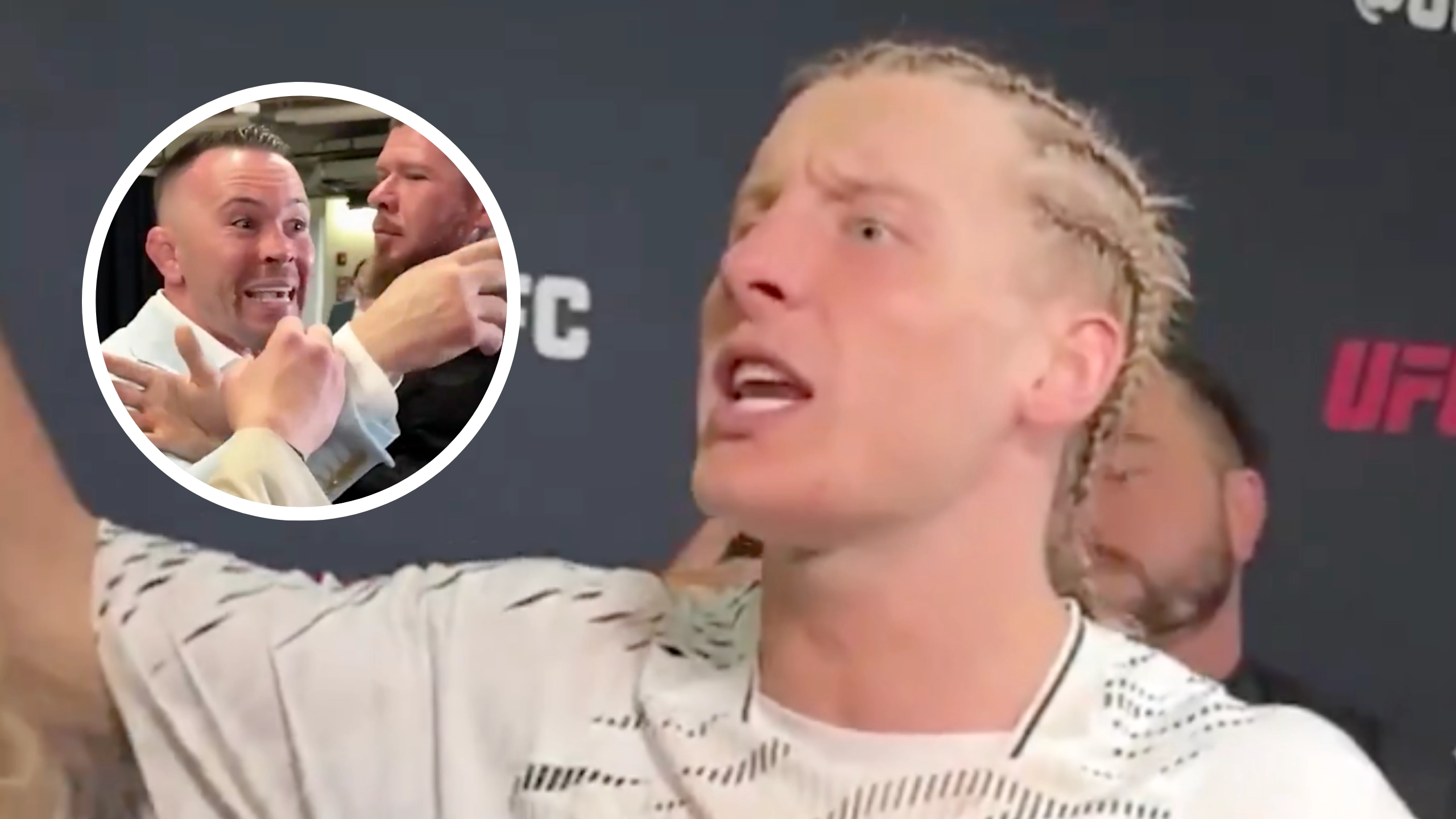 Paddy Pimblett and Colby Covington restrained by security during ugly backstage interaction at UFC 314