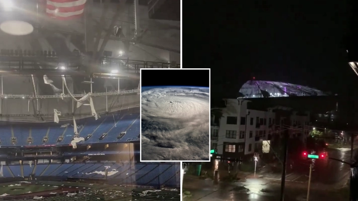 Terrifying footage shows Hurricane Milton ripping of roof of stadium intended to shelter 10,000 people
