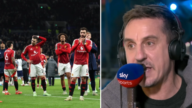 Man Utd fans call out Gary Neville for what he said on commentary during chaotic defeat to Tottenham in Carabao Cup