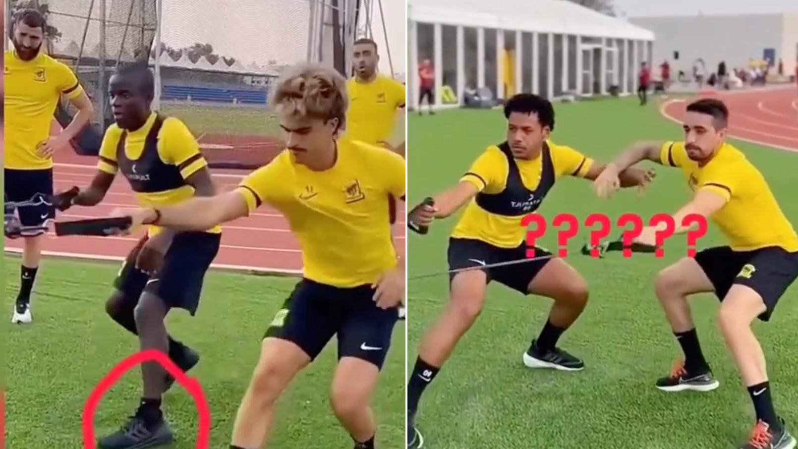 Video shows Karim Benzema and N'Golo Kante doing training drills vs their Al Ittihad teammates