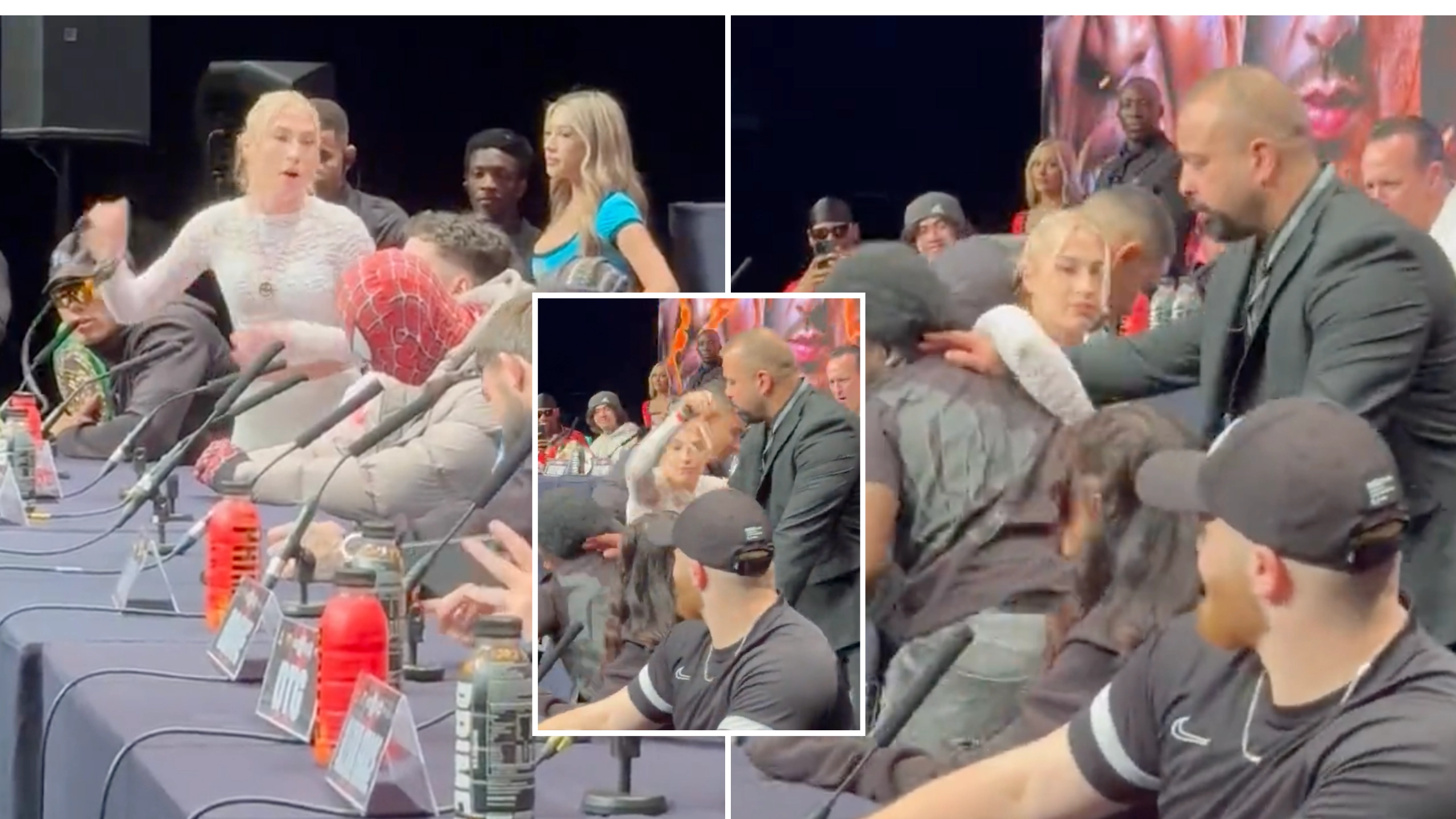 Astrid Wett held back by security after trying to fight Alexia Grace at press conference