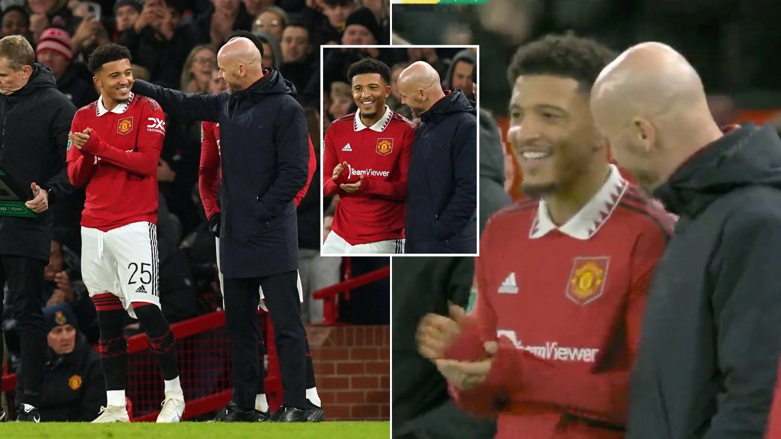 Man United fans loved the moment between Erik ten Hag and a smiling Jadon Sancho before he came on