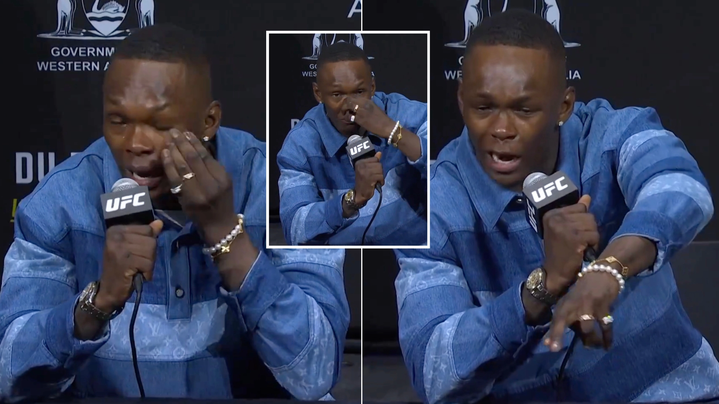 Israel Adesanya bursts into tears during heated UFC 305 press conference with Dricus du Plessis