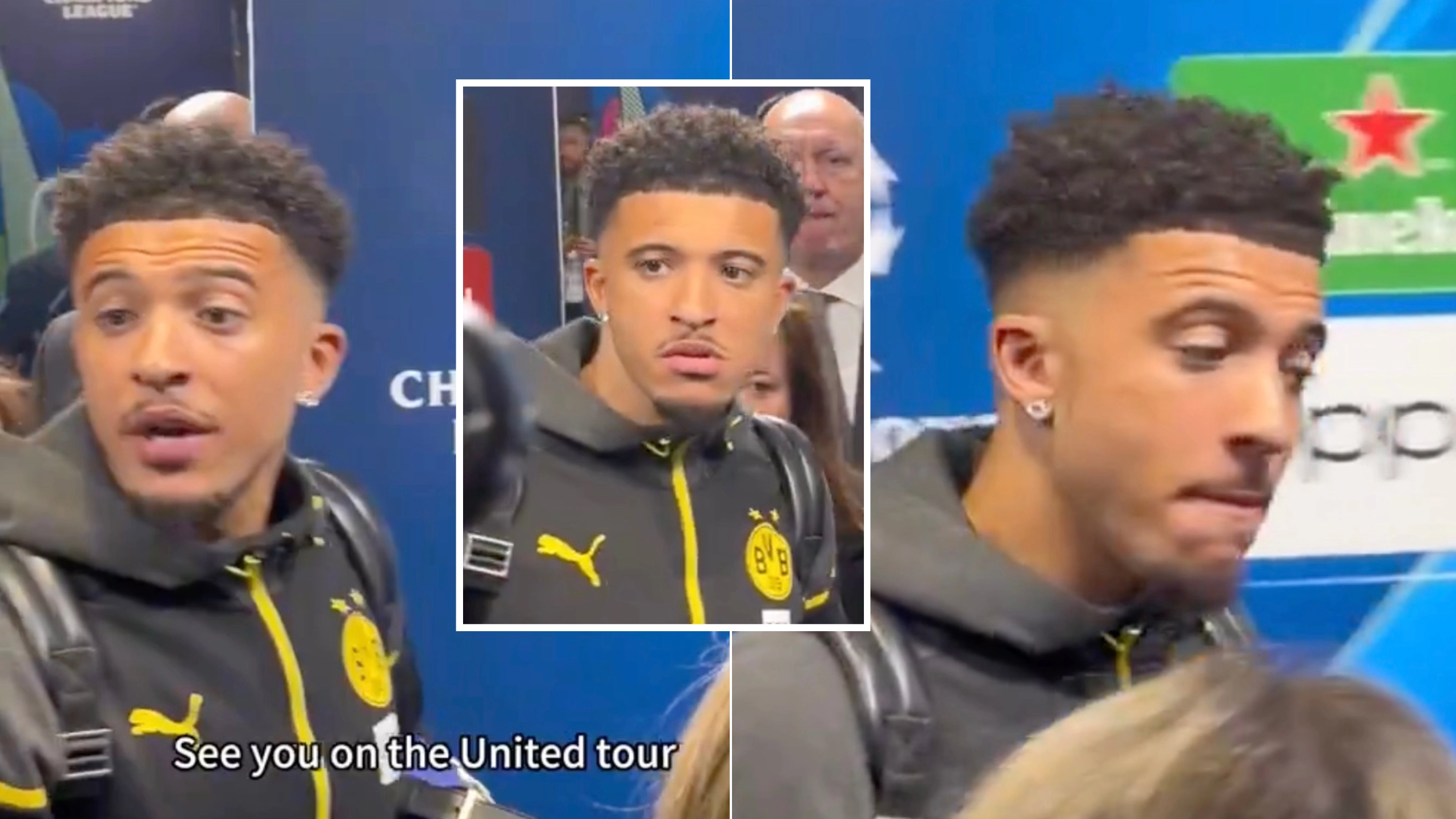 Jadon Sancho's reaction after a reporter says 'see you on the Man Utd tour' captured on camera