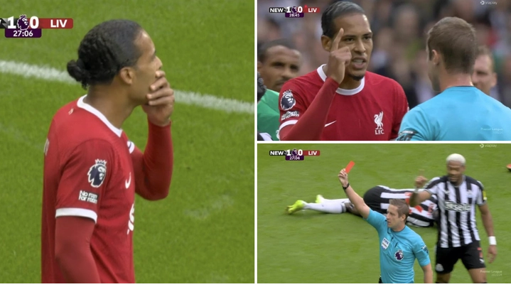 Virgil van Dijk shown straight red card for Liverpool against Newcastle, he is furious