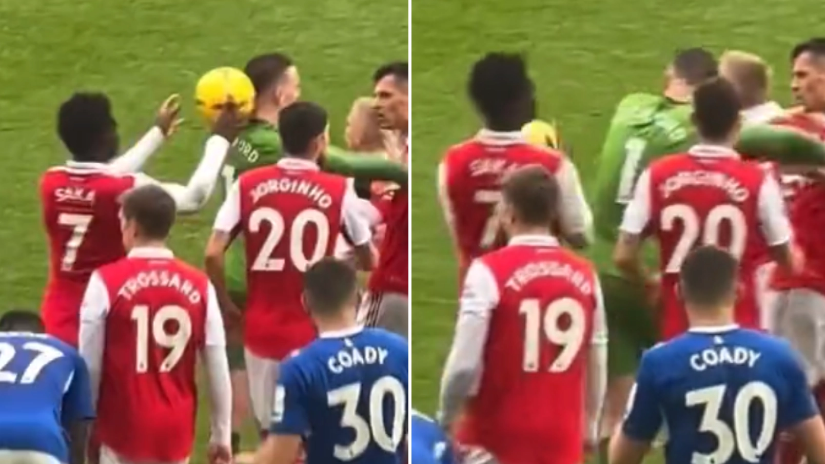 New footage shows Bukayo Saka hilariously bouncing the ball of Jordan Pickford's head during brawl