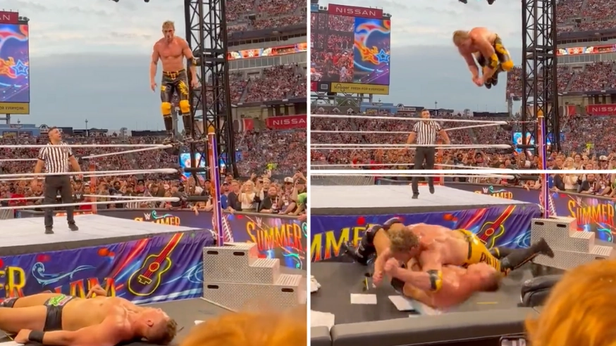 Logan Paul Impresses With Wild Frog Splash Through WWE Announce Table At SummerSlam