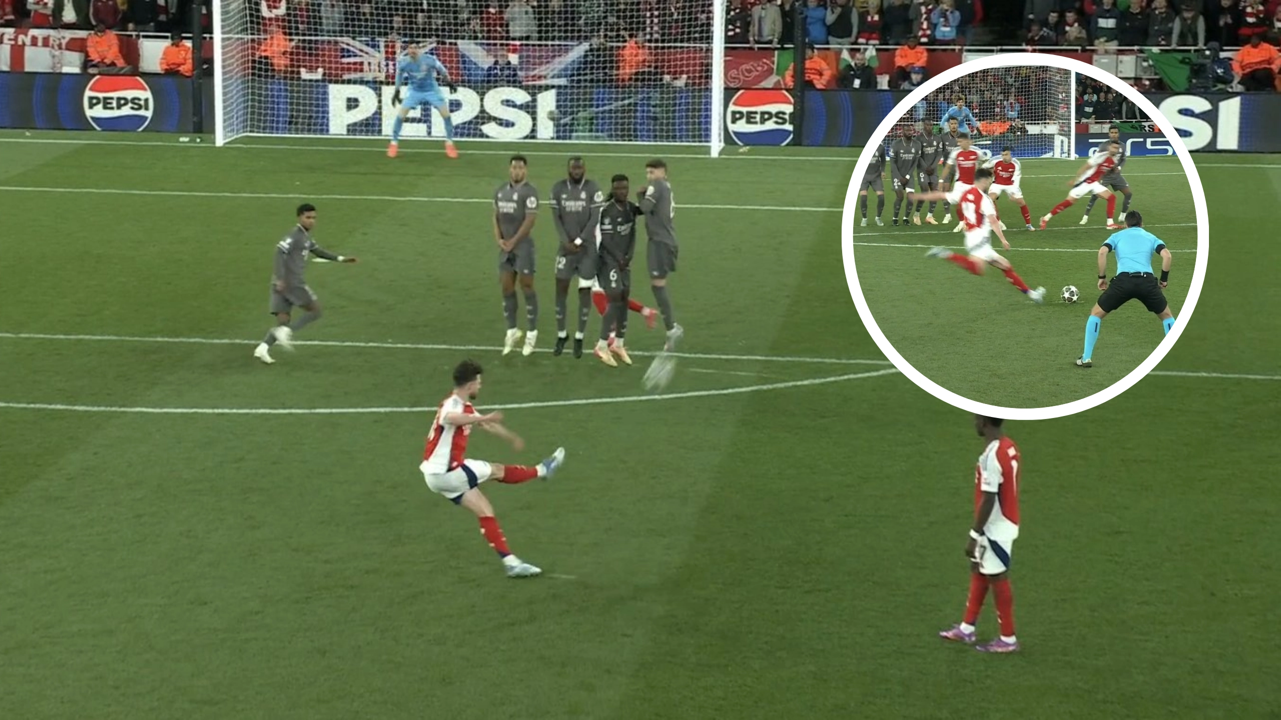Declan Rice defies the laws of physics with two outrageous free-kicks during Arsenal vs Real Madrid as Kylian Mbappe's reaction spotted