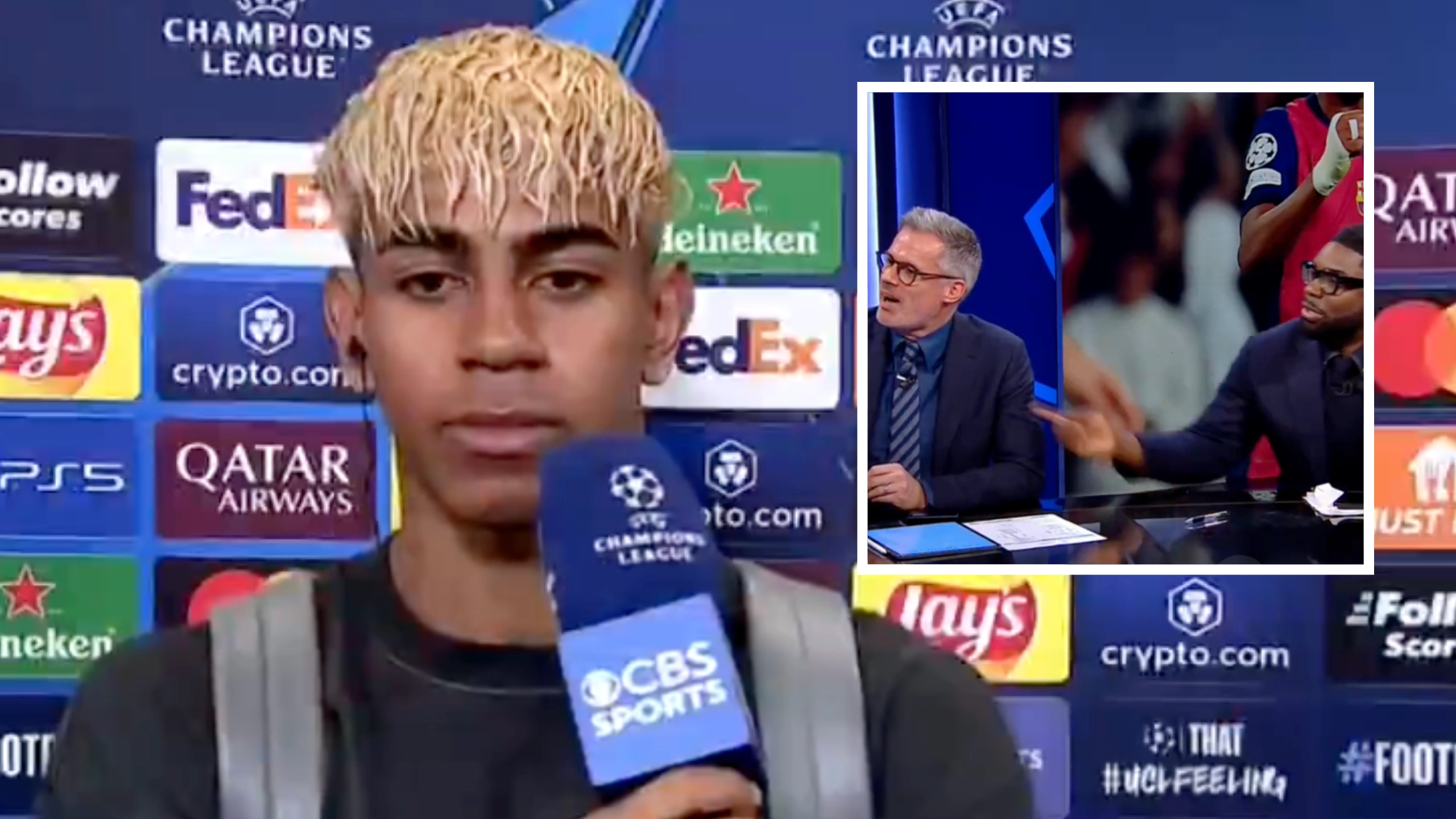 Lamine Yamal’s response when asked if he knows who Jamie Carragher and Micah Richards are as they interview him on CBS