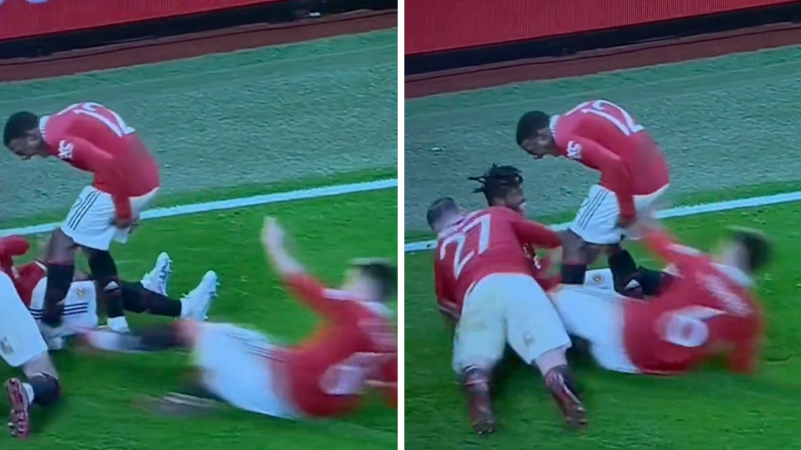 Fans in stitches after Lisandro Martinez slide tackles his own teammate with studs up while celebrating goal