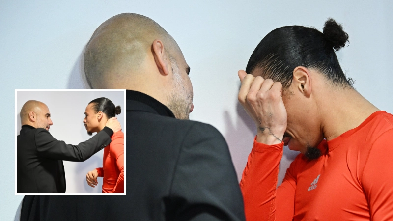 Pep Guardiola consoles emotional Leroy Sane after the full-time whistle, he was 'distraught'