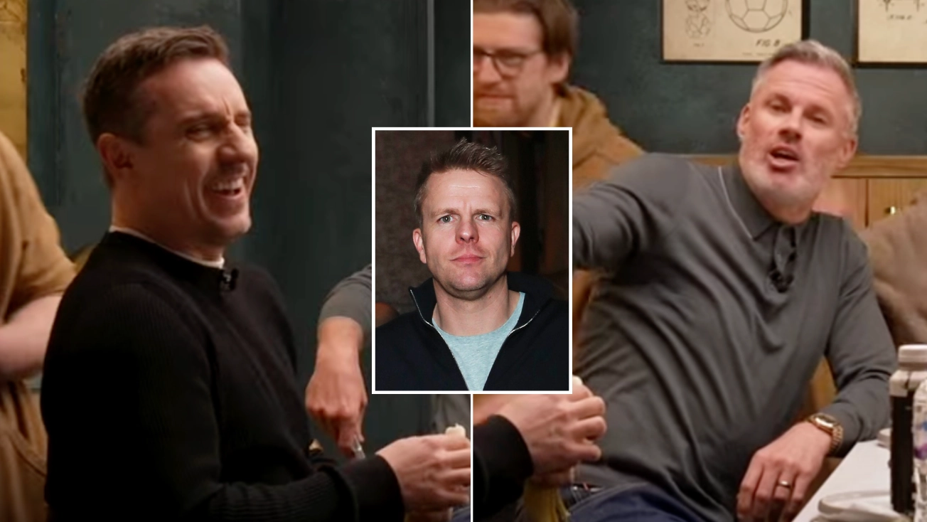 Jamie Carragher destroys Gary Neville with savage Jake Humphrey comment on The Overlap as he asks 'can that go out?'