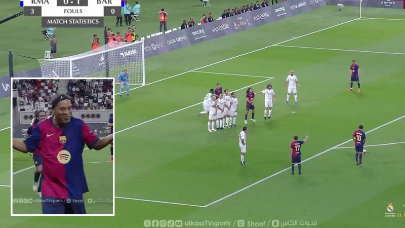 Ronaldinho rolls back the years with stunning free kick goal in Real Madrid vs Barcelona exhibition match