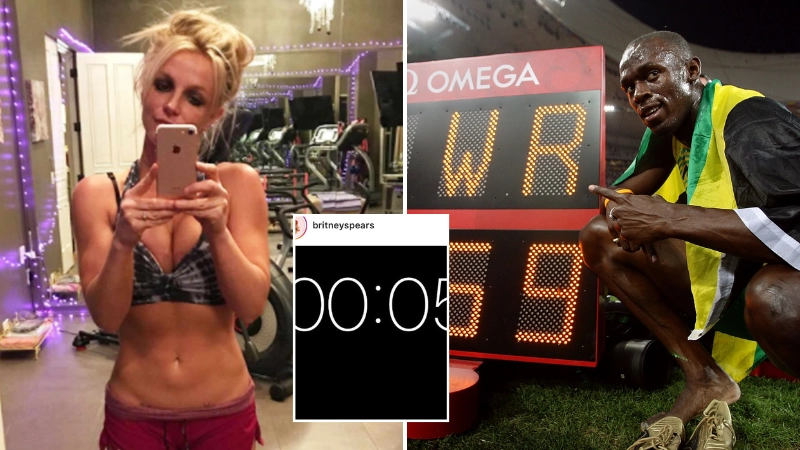 Britney Spears claimed to have beaten Usain Bolt's 100m world record by four seconds after showing 'proof'