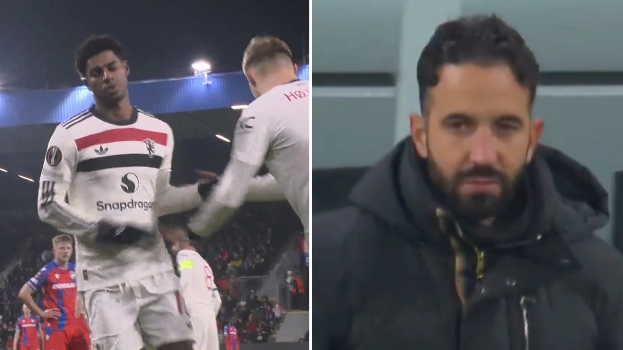 Ruben Amorim's reaction to Marcus Rashford after substituting Man Utd star against Viktoria Plzen speaks volumes