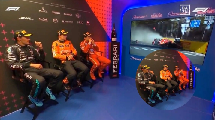 George Russell, Charles Leclerc and Oscar Piastri left stunned as they watch footage of dramatic Azerbaijan Grand Prix crash