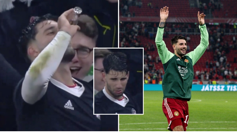 Dominik Szoboszlai jumps into crowd and downs a shot to celebrate Hungary’s Euro 2024 qualification