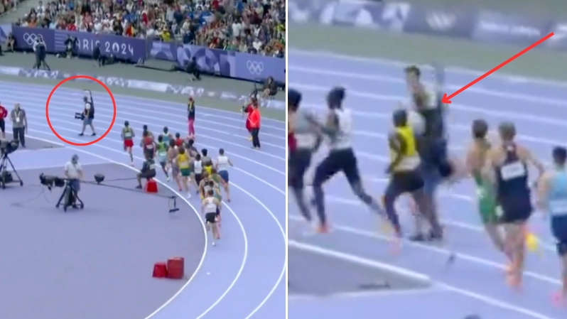 Cameraman almost causes disastrous incident in Olympic race as BBC commentator says 'are you crazy?'