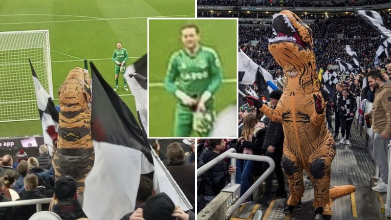 Newcastle Fan Wears T-Rex Costume To Try And Wind Up Everton Goalkeeper Jordan Pickford