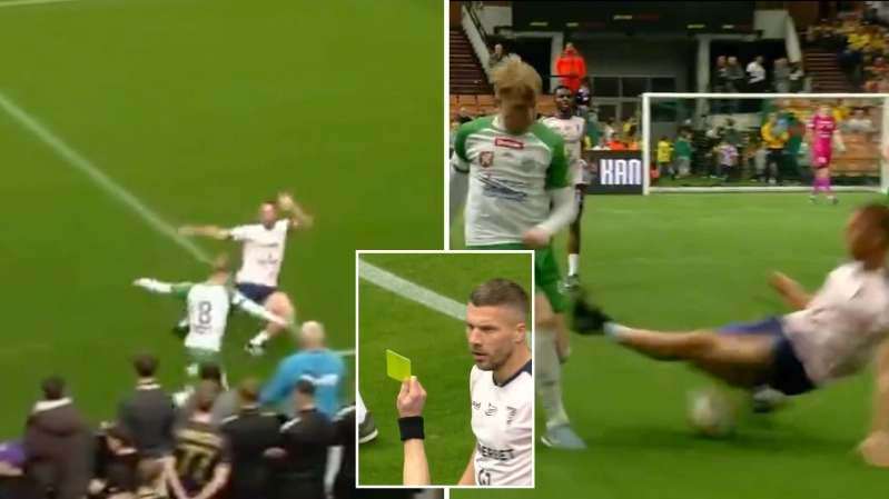 Fans in disbelief after Lukas Podolski makes insane 'leg-breaking tackle' in friendly indoor tournament game