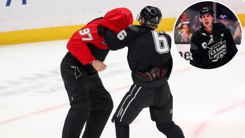 Justin Bieber 'fights' ex-NHL star during charity hockey match as Snoop Dogg issues desperate plea