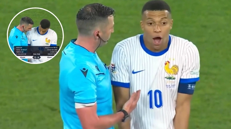 Kylian Mbappe speaks out on Michael Oliver after grabbing referee's watch in furious incident following France vs Spain