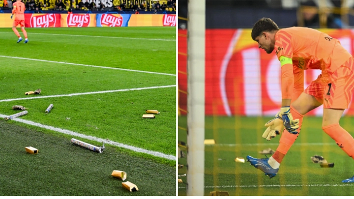 Borussia Dortmund fans throw gold bars on the pitch during Newcastle match as protest banner displayed