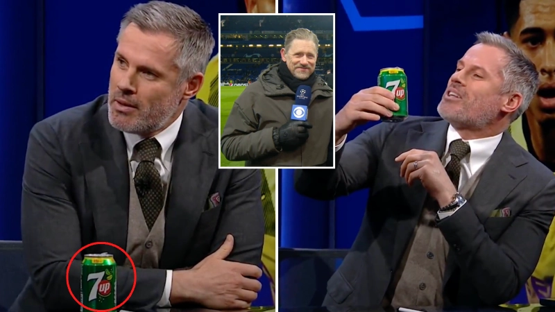 Jamie Carragher drinks a can of 7up as he brutally reminds Peter Schmeichel of Liverpool's 7-0 win over Man United