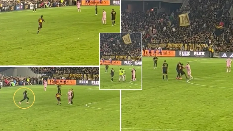Lionel Messi's bodyguard sprints onto the pitch and puts pitch invader in headlock