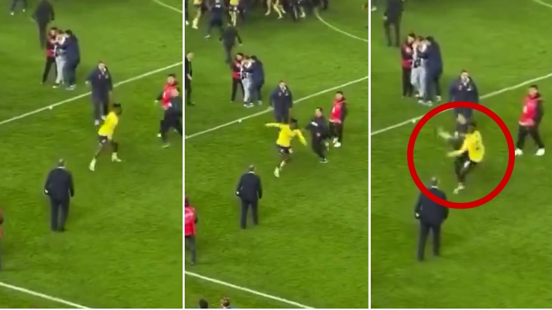 Michy Batshuayi just tried to do a spinning high kick on a fan as match ends in chaos