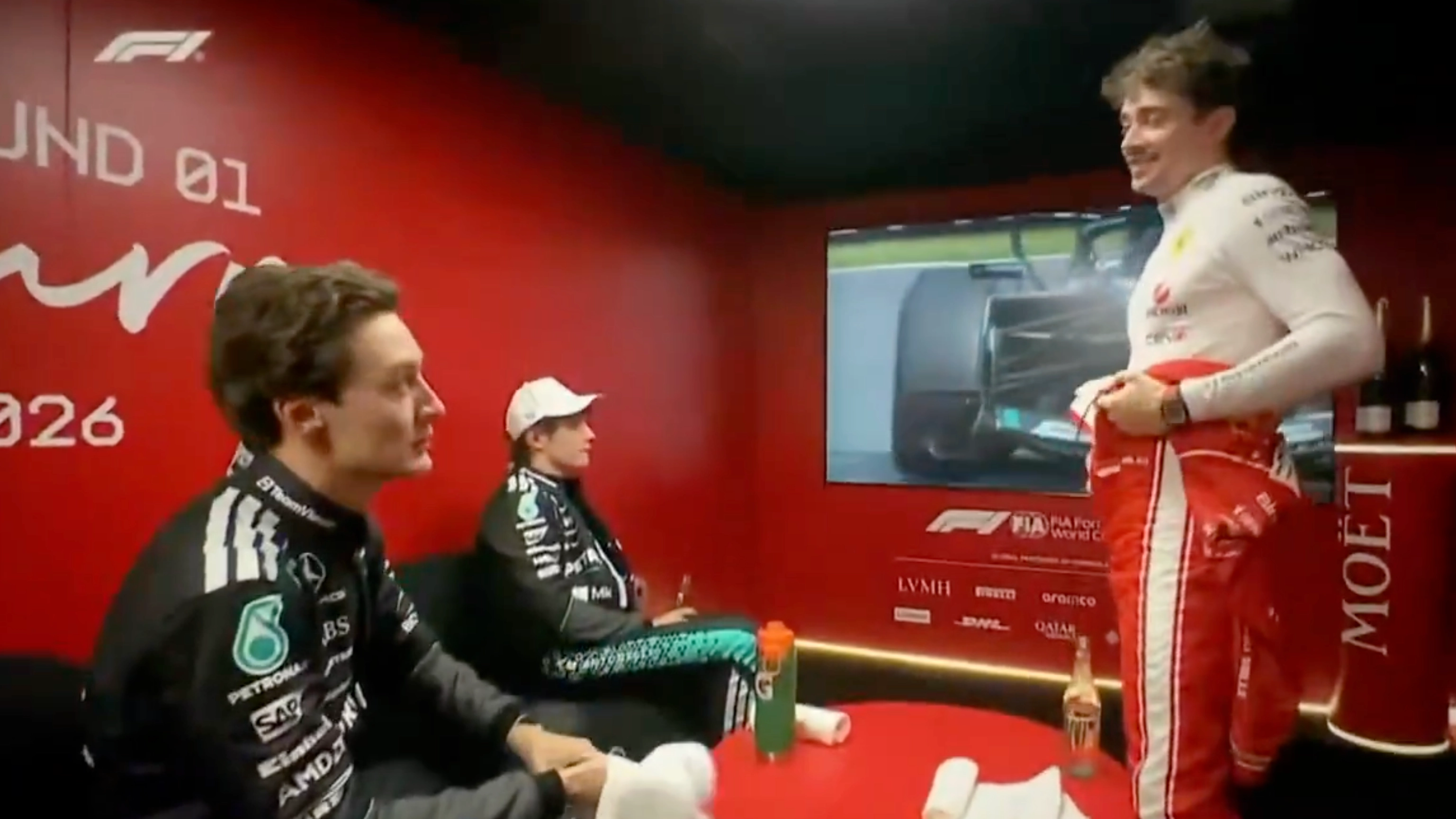 George Russell and Charles Leclerc in awkward cooldown room incident after Australian GP