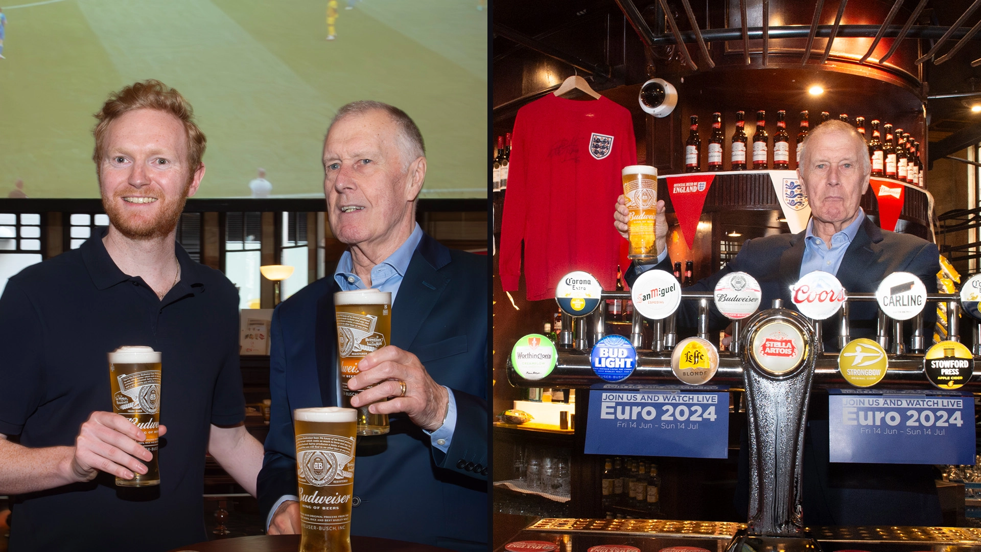 Sir Geoff Hurst blesses Budweiser Keg in a Wetherspoon pub whilst watching the football