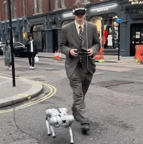People stop in awe of man wearing Apple Vision Pro to walk his robodog round London