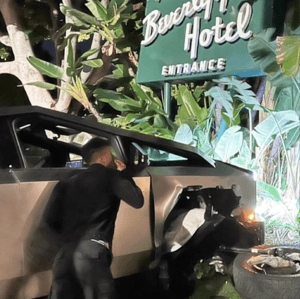 Elon Musk responds after Cybertruck crashes into Beverly Hills Hotel sign and rips entire wheel off