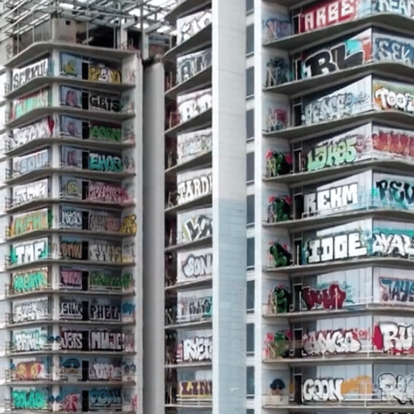 'Dystopian' graffitied building was once meant to be full of luxury condos
