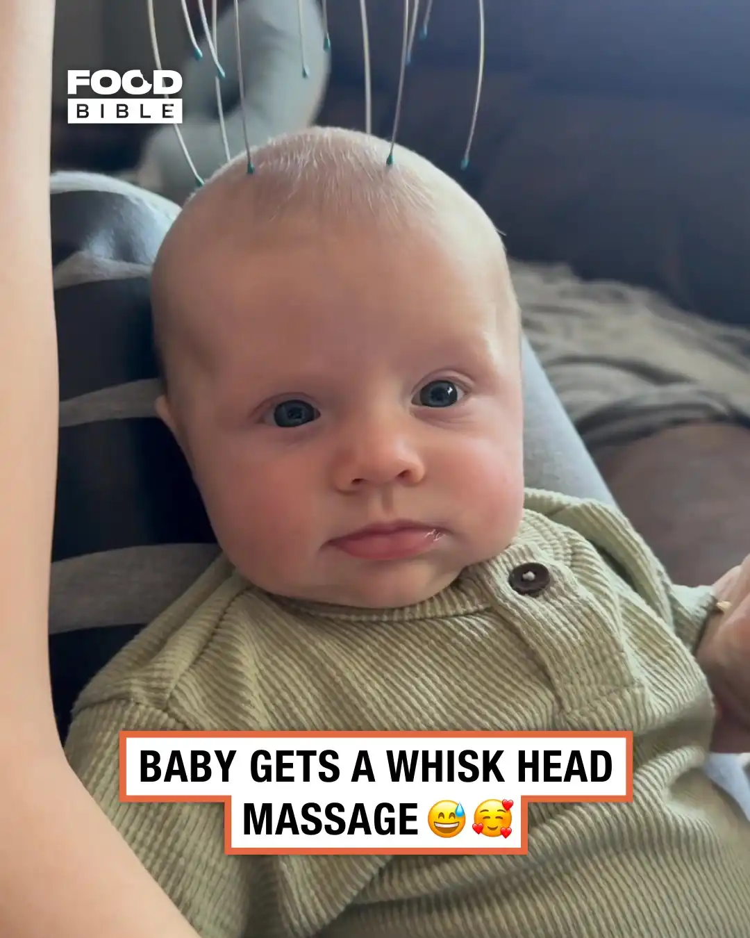 Baby enjoys head tickles with a kitchen whisk 🥰